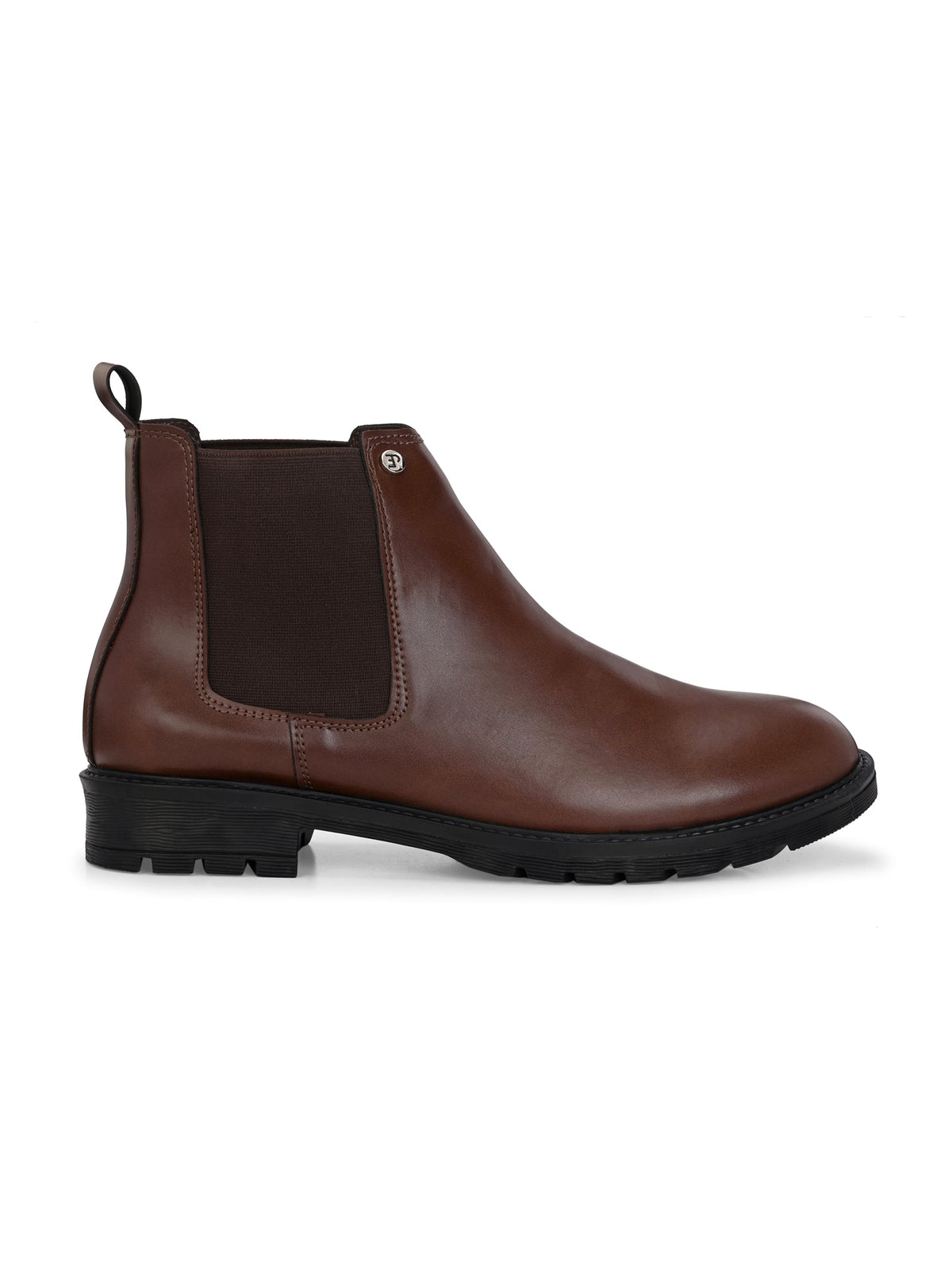 Brown Chelsea boots with elastic side panels, a pull-tab at the heel, rounded toe, and a small metallic brand logo near the ankle.