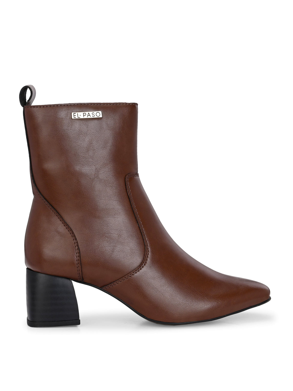 Stylish tan ankle boot with a sturdy block heel and branded El Paso logo
