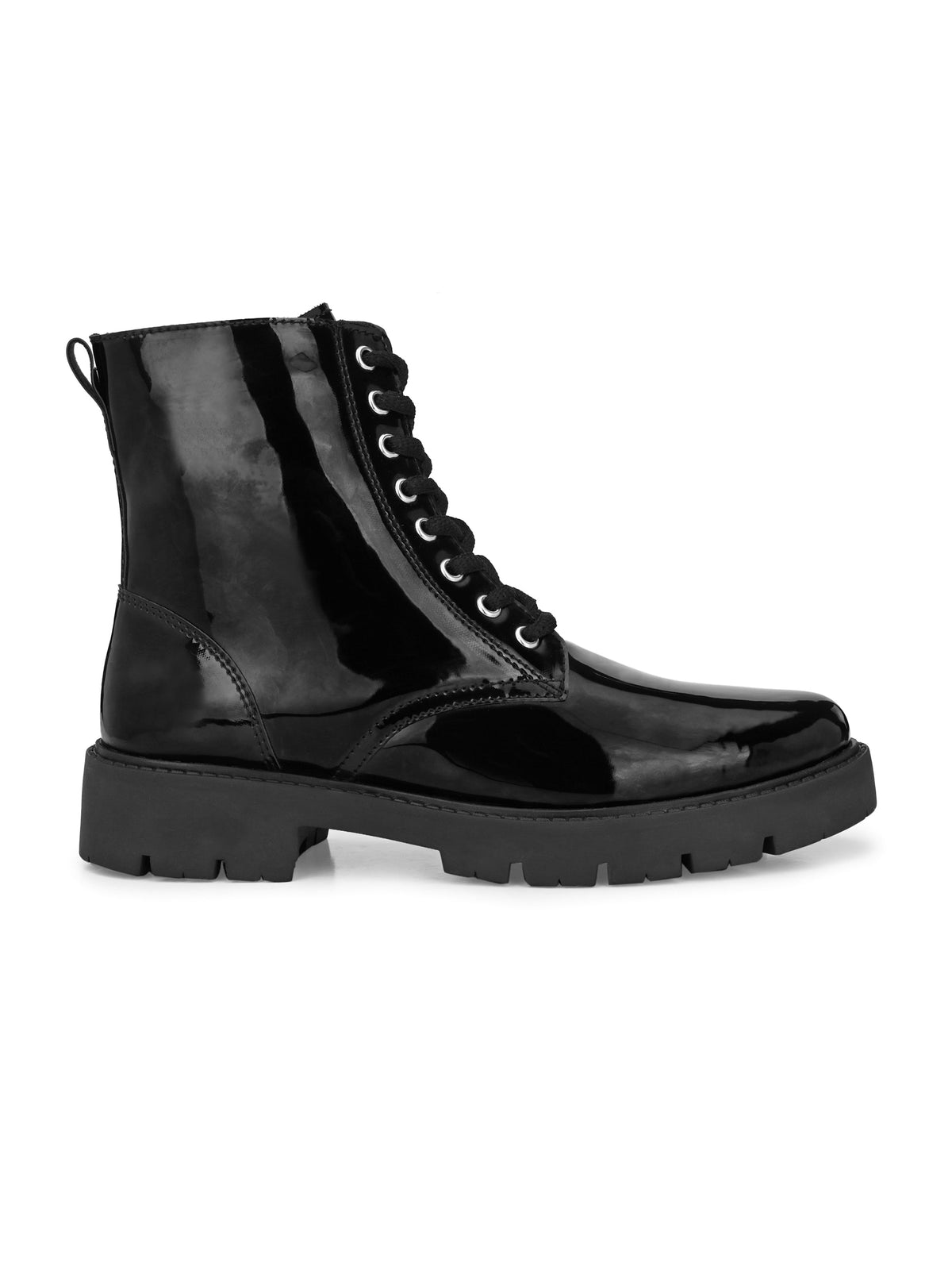 Shiny Black Lace-Up Block Heel Boots