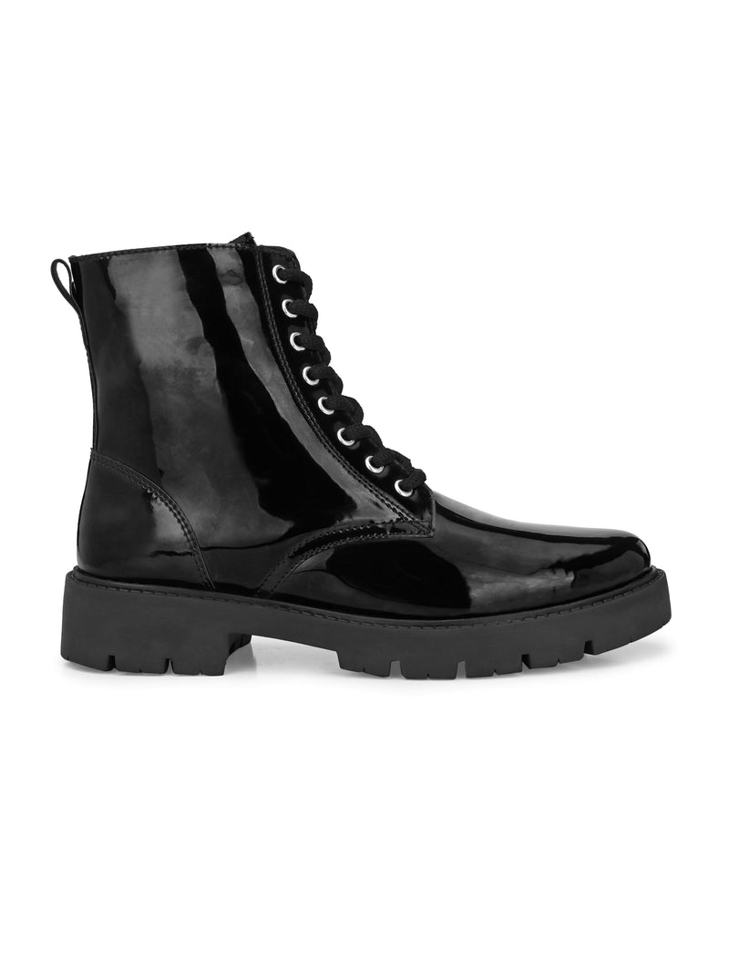 Shiny Black Lace-Up Block Heel Boots