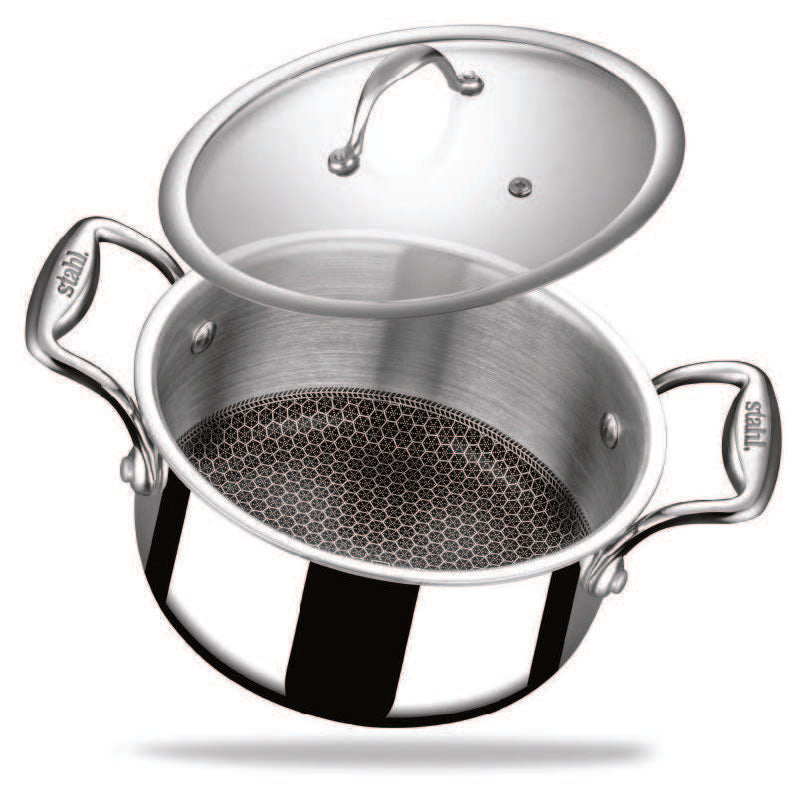 Stahl Artisan Hybrid Casserole With Glass Lid | Metal Spatula Friendly, Induction & Gas Stove Compatible.