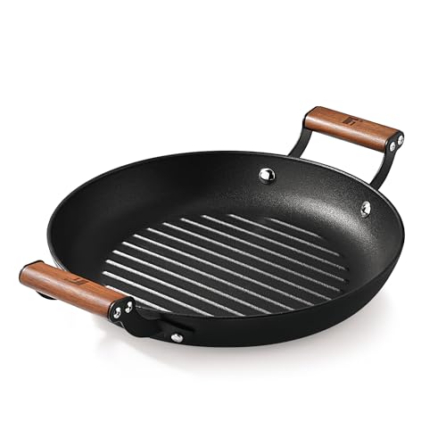 BERGNER Odin 28 cm Cast Iron Grill Plate, Round Grilled Plate with Wooden Coated Handle