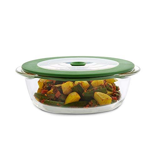 BOROSIL DISH-ROUND W/GREEN LID 1LTR