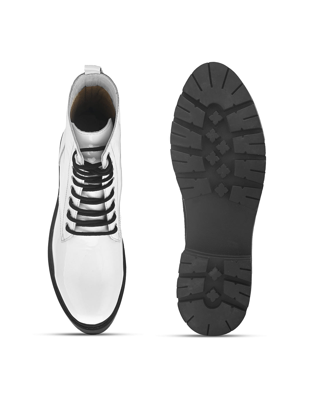 Shiny White Lace-Up Block Heel Boots