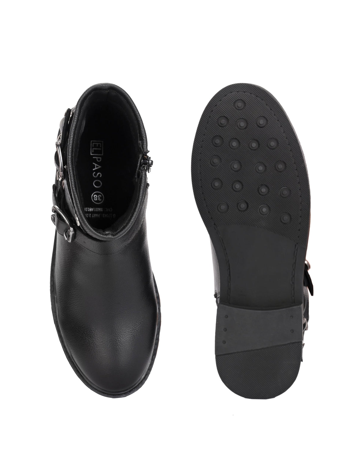 Black ankle-length boot with silver buckle accents and a low heel, perfect for casual or semi-formal wear.