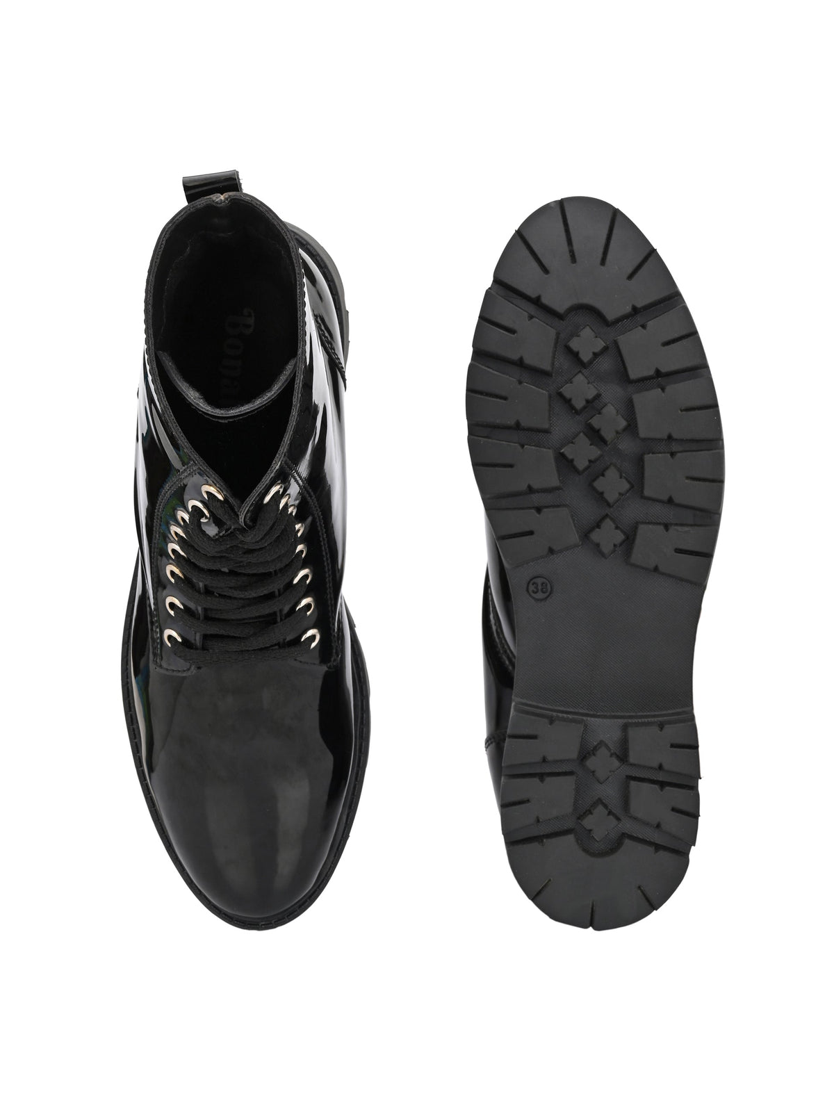 Shiny Black Lace-Up Block Heel Boots