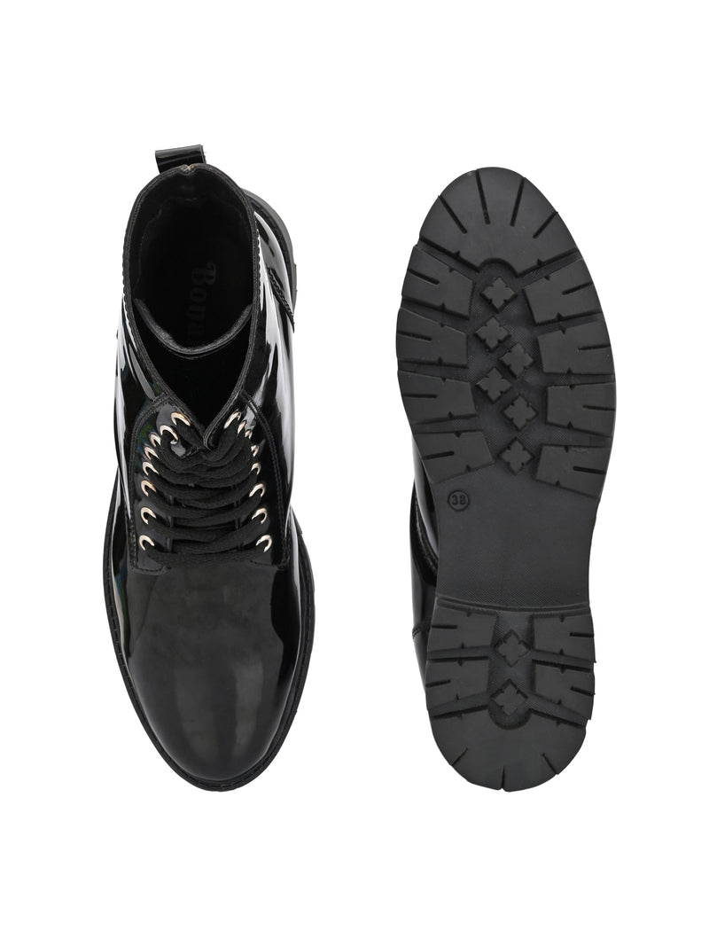 Shiny Black Lace-Up Block Heel Boots