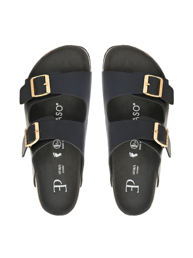 Black Women's casual flat heel buckle strap sandal
