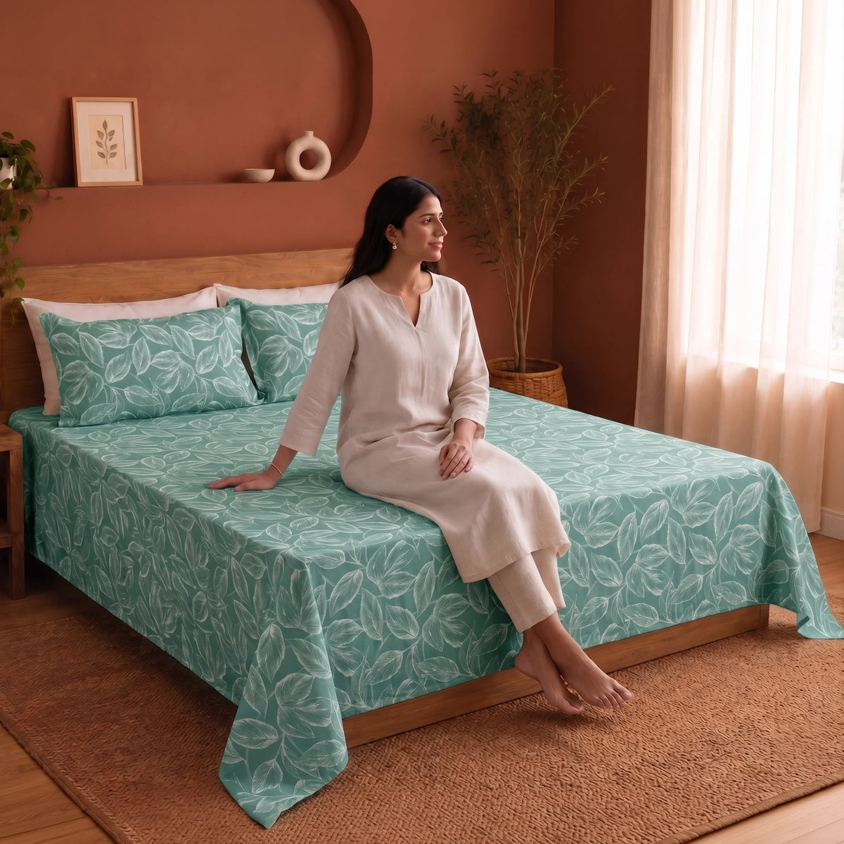 Imprimer Lilac - Leaf Printed Bedsheet (Aqua Blue)-4