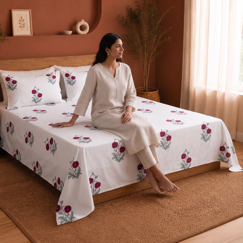 Imprimer Vignette - Floral Printed Bedsheet (Red)-4