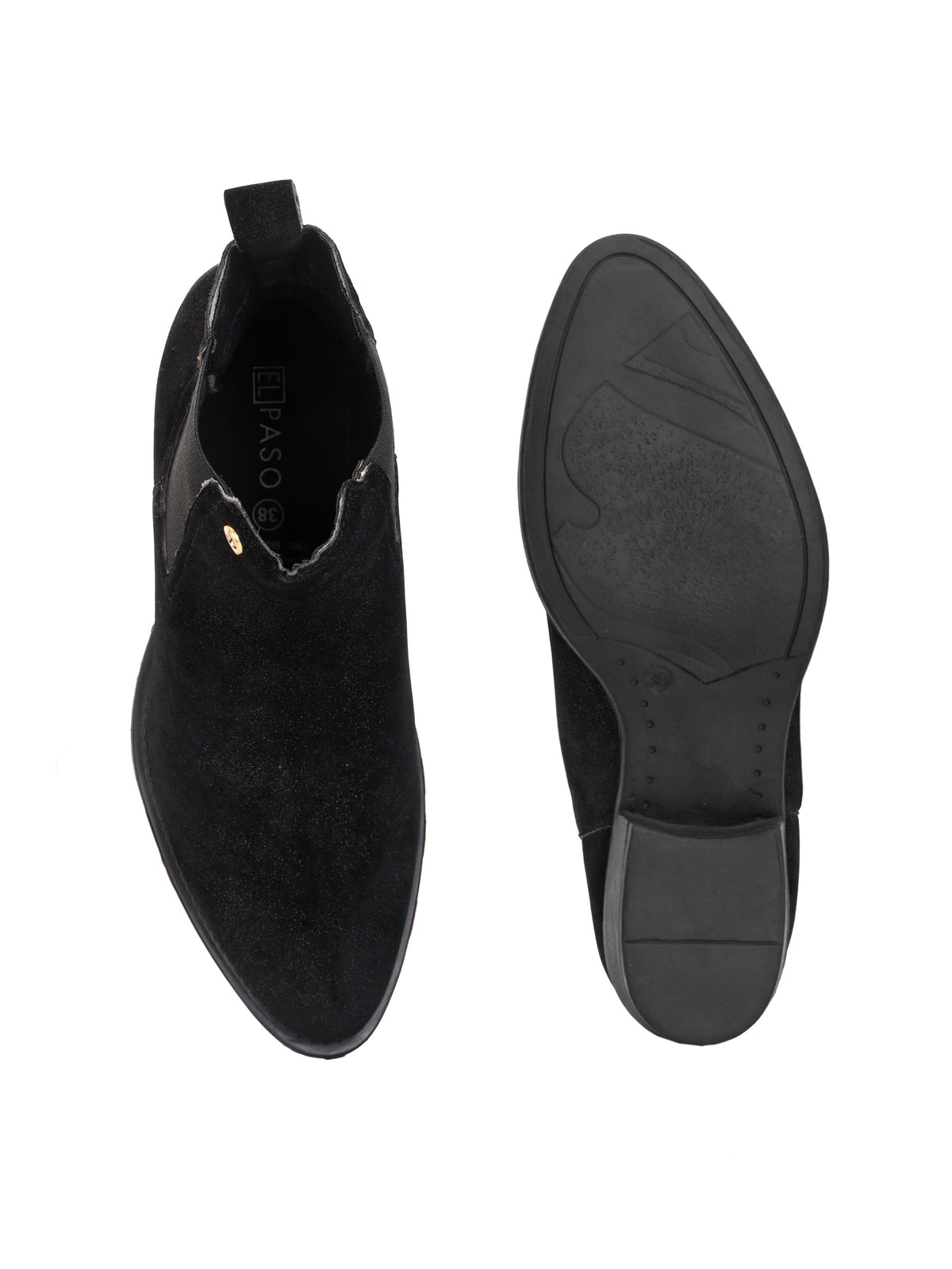 Charcoal suede slip-on boots with elastic side panels and a low block heel, featuring subtle gold detailing for a sleek, versatile look