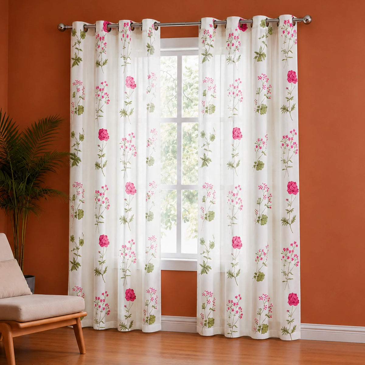Pink Floral Printed Eyelet Duck Curtain-4
