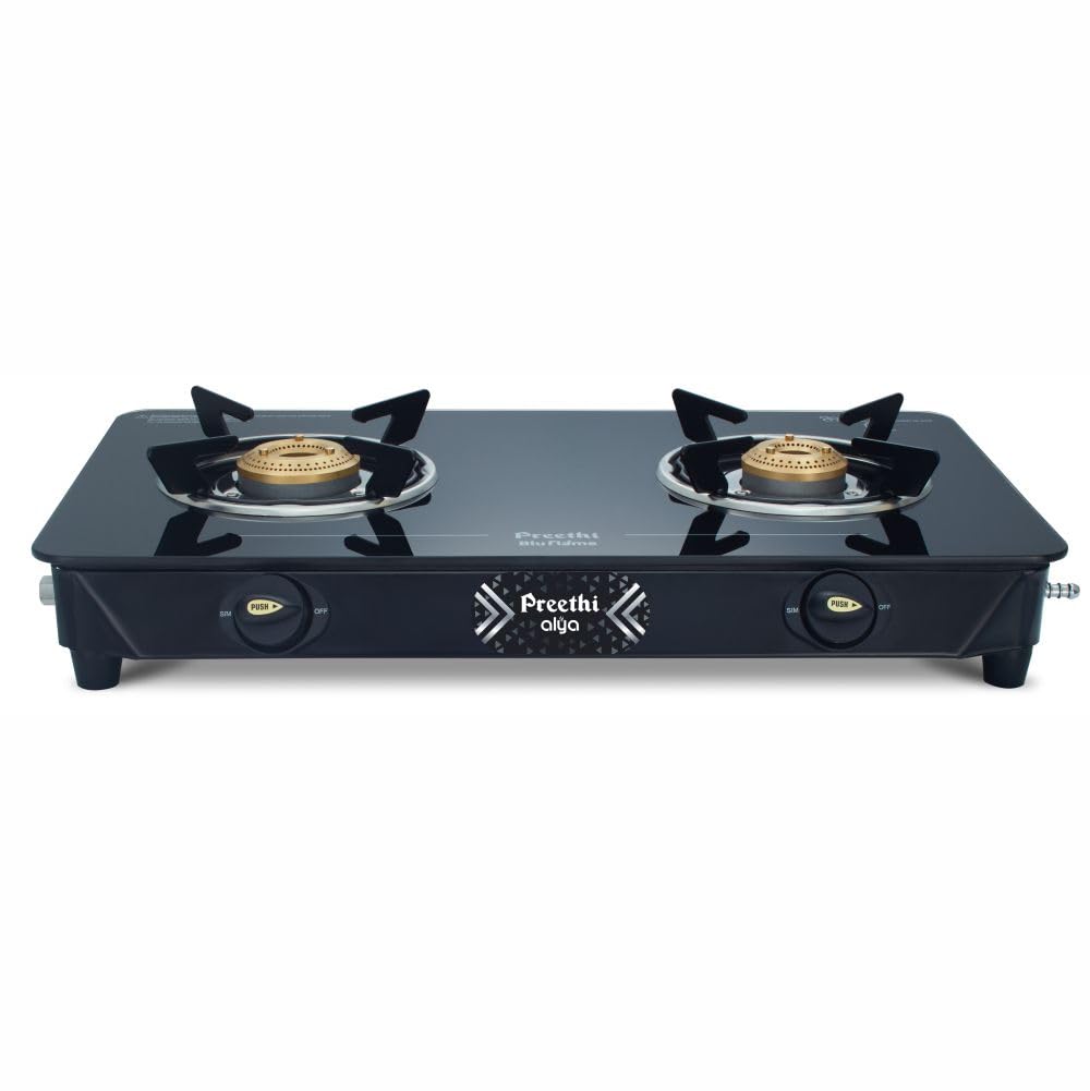 Preethi Alya Glass Top 2 Burner Gas Stove, Manual Ignition, Black with Bati Stand