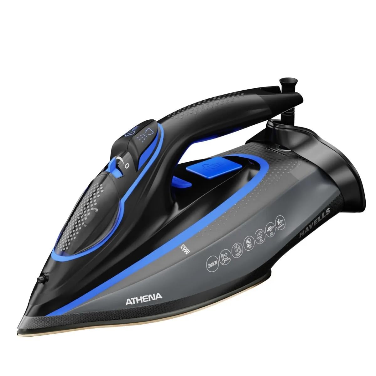 Havells Athena Steam Iron | Vertical & Horizontal Ironing | 3000 Watts | I-Sense Technology | Black & Blue
