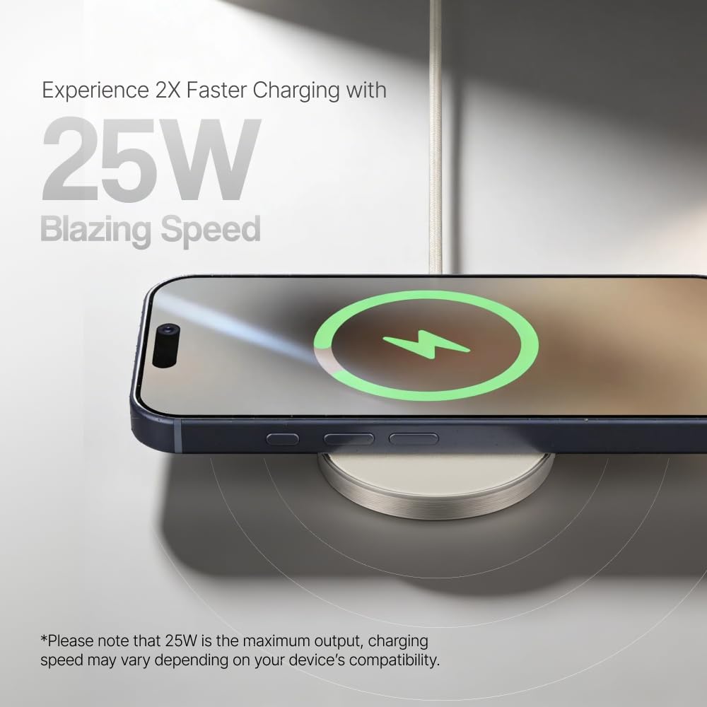 Ambrane 25W Qi2.2 Magsafe Wireless Charger, Fastest Wireless Charging - Charge 50% in 30mins, New Qi2.2 Certified Technology, iPhone 12 to 17 All Models & Android Wireless devices, AerosynQ 2,Titanium