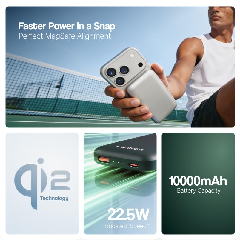 Ambrane [New & Faster] Qi2 & MagSafe Wireless 10000mAh Powerbank, Improved 15W Faster Wireless Charging, 22.5W Wired Output, Qi2 Certified, Fast Charging, 22.5W Output, For iPhone (Snap 2,Black/Green)