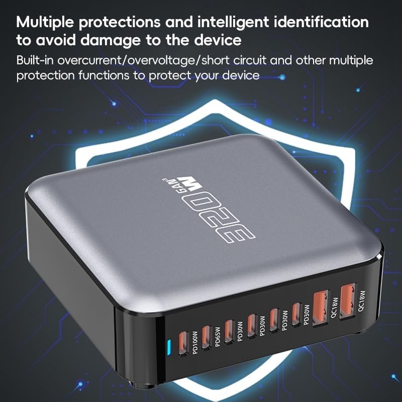 WISTAR 320W GaN Multiport USB C Charger, 8-Port Charging Station with 100W PD, 6 USB-C & 2 USB-A Fast Charger for MacBook, iPhone 16/15, iPd, Galaxy, Pixel, Switch, EU Plug - image 2