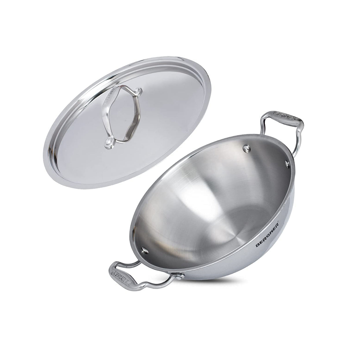 Bergner Argent Triply Deep Kadai, Stainless Steel Lid, For Sauté/Deep Fry/Gravy/Stir Fry/Steam, Heat Resistant Handles, 