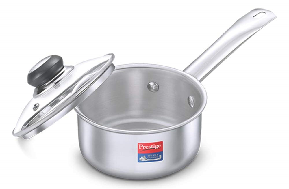 Prestige Tri Ply Splendor Stainless Steel Gas and Induction Compatible Sauce Pan with Glass Lid, (Silver)