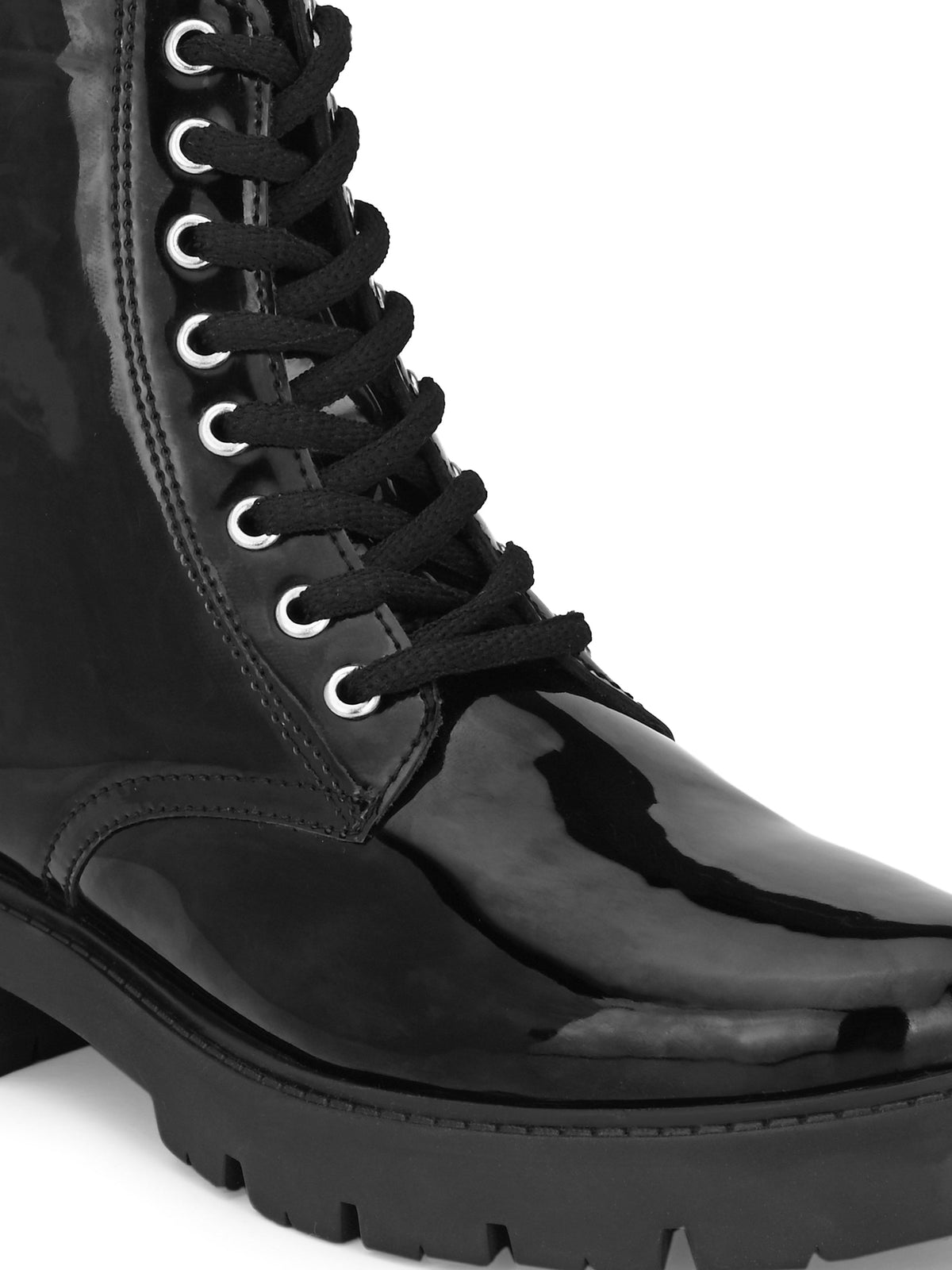 Shiny Black Lace-Up Block Heel Boots