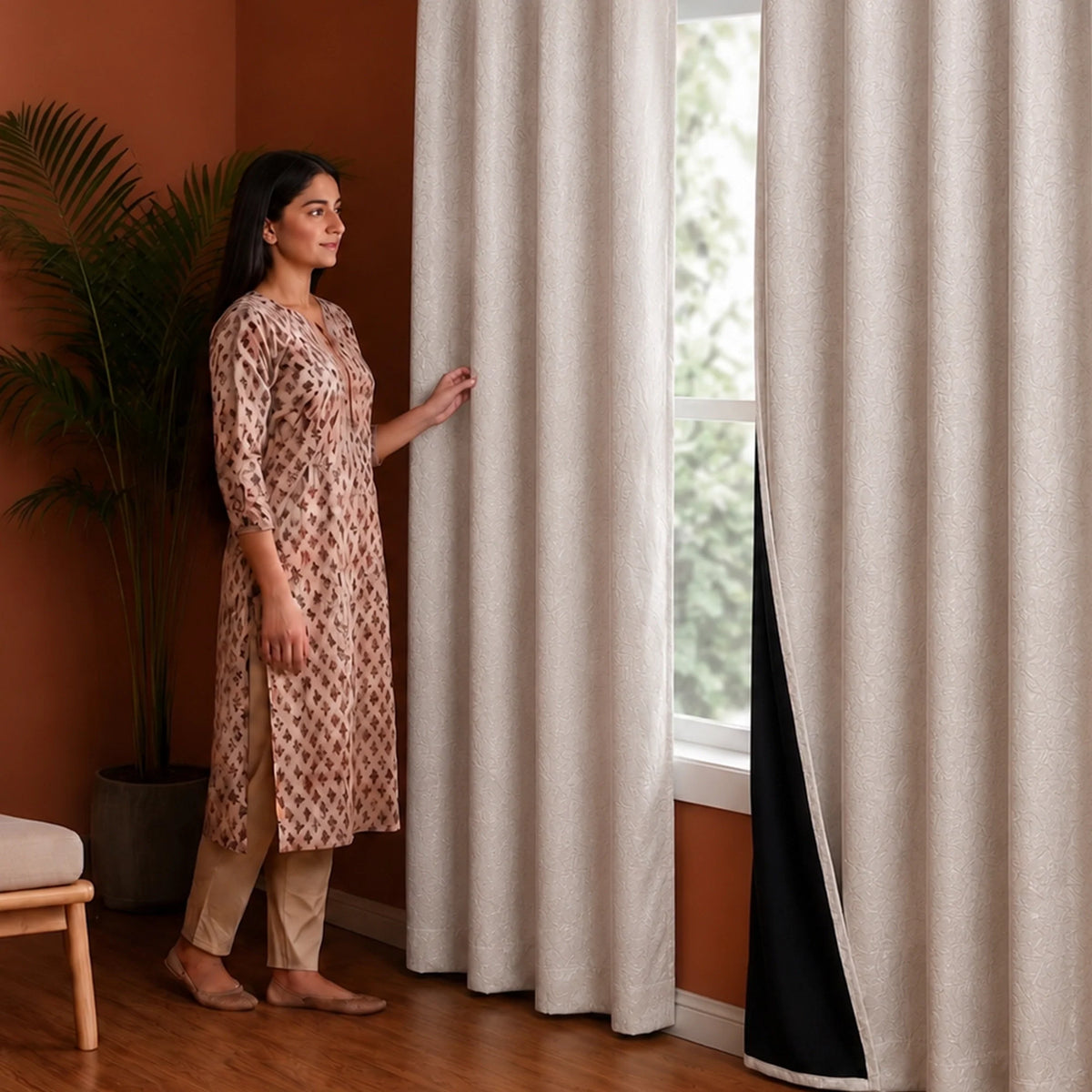 Fort Essential Abstract - Rod Pocket Black Backing Blackout Curtain (Off White)-5