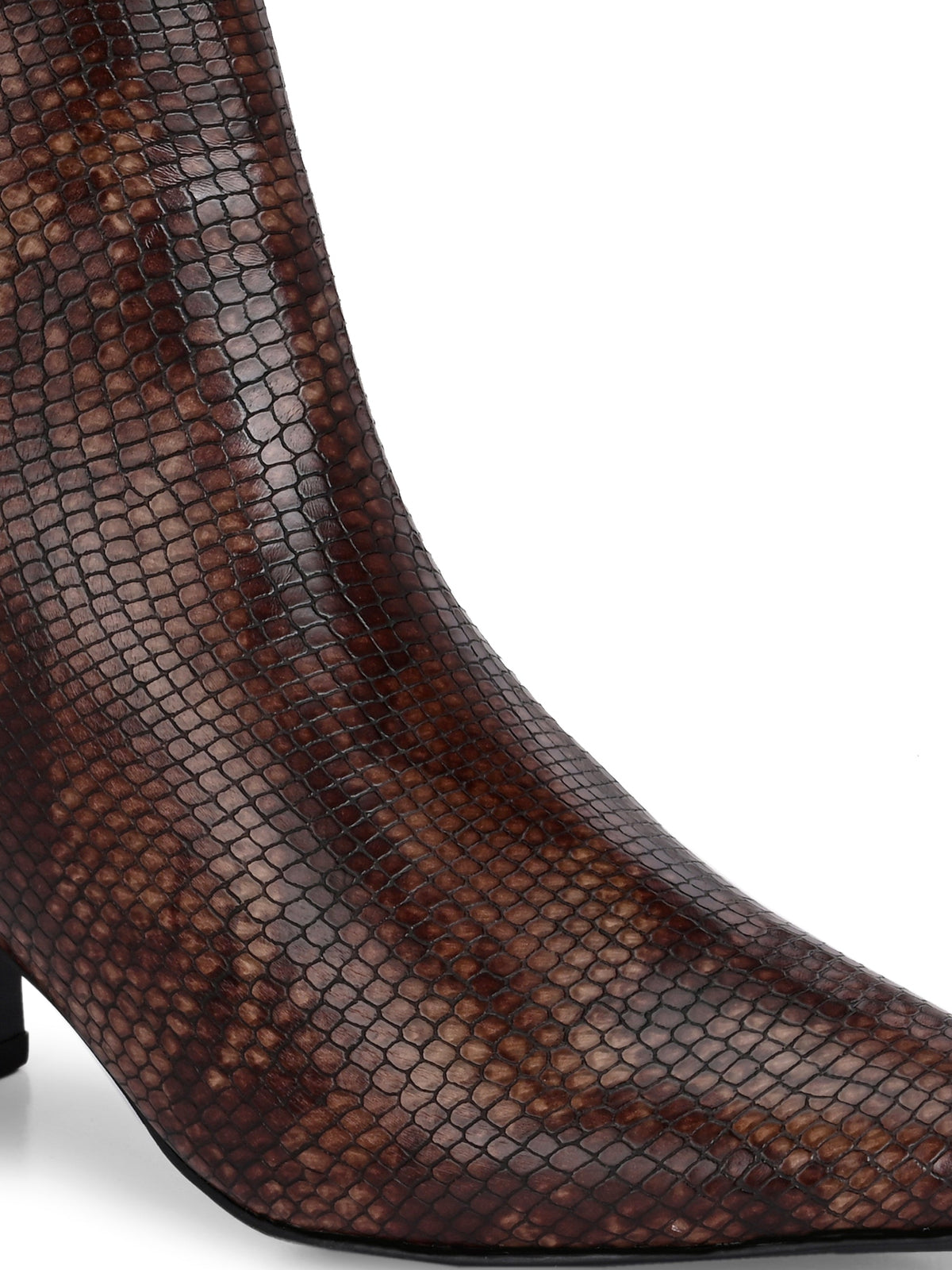 brown textured ankle boots with a sleek snakeskin pattern and a block heel design