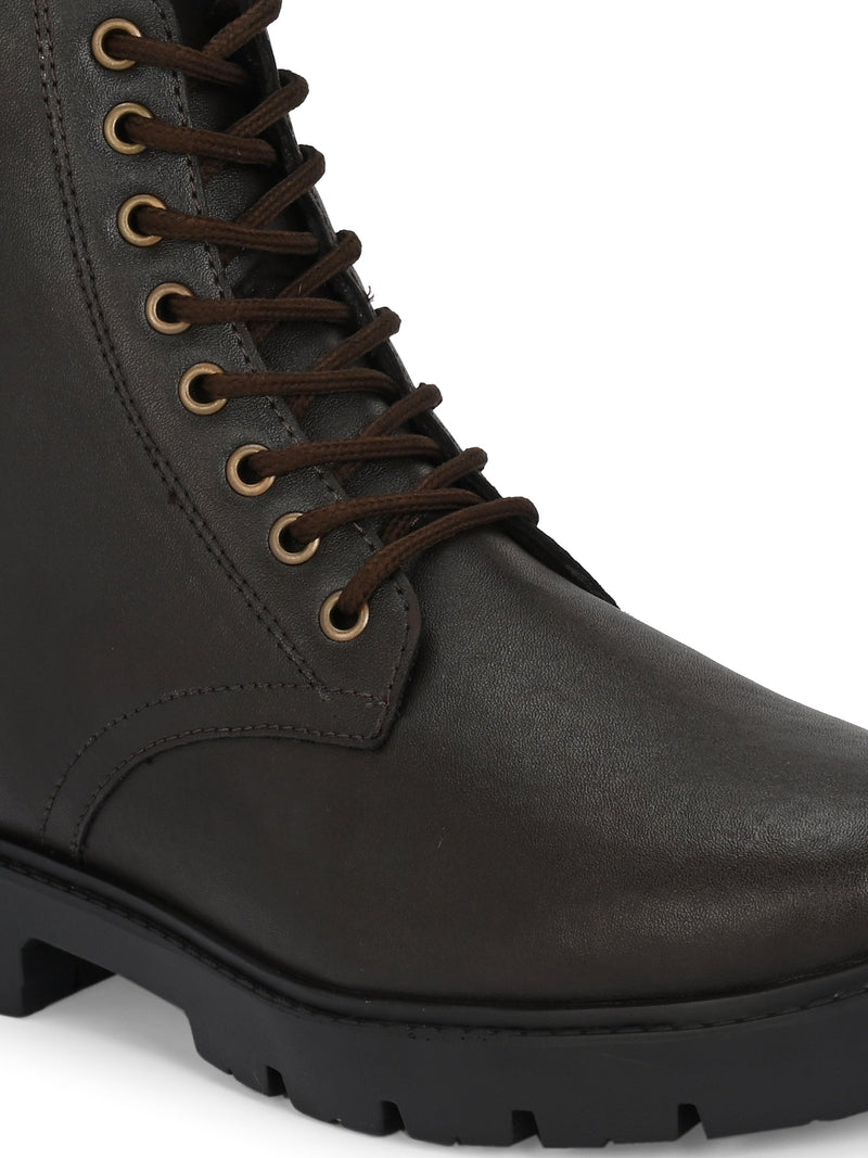 Brown Lace-Up Block Heel Boots