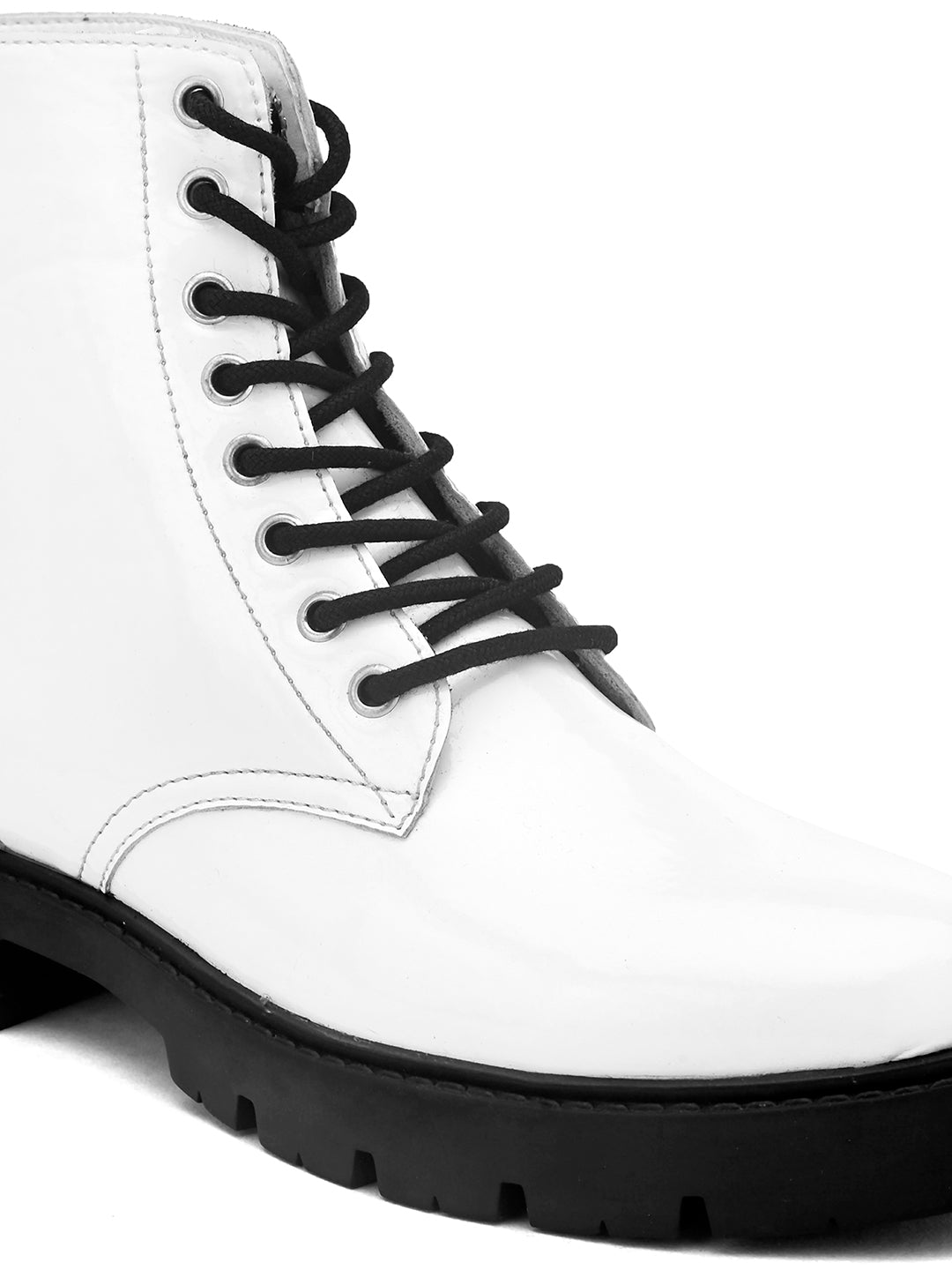 Shiny White Lace-Up Block Heel Boots