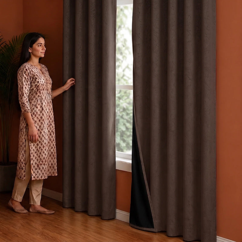 Fort Essential Abstract - Eyelet Black Backing Blackout Curtain (Brown)-5