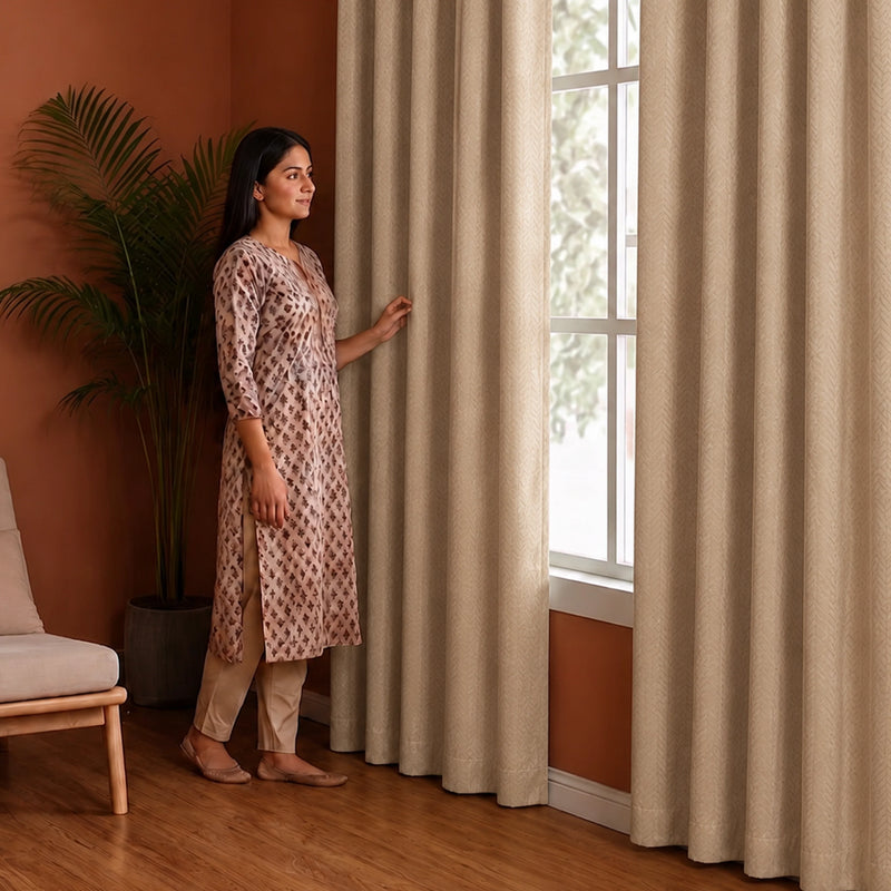 Fort Essential Embossed - Eyelet Black Backing Blackout Curtain (Beige)-5