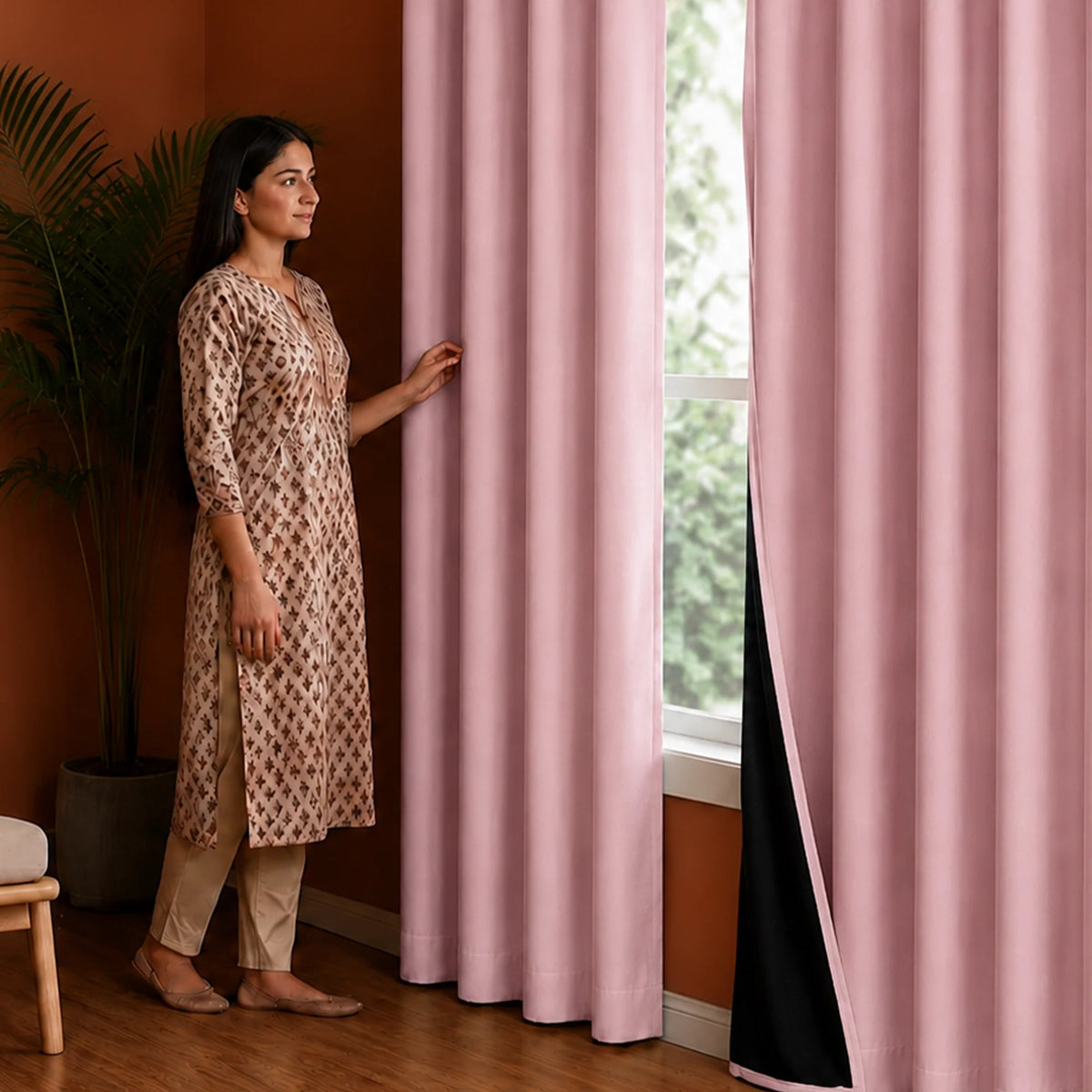 Fort Essential - Black Backing Solid Blackout Curtain (Pink)-5