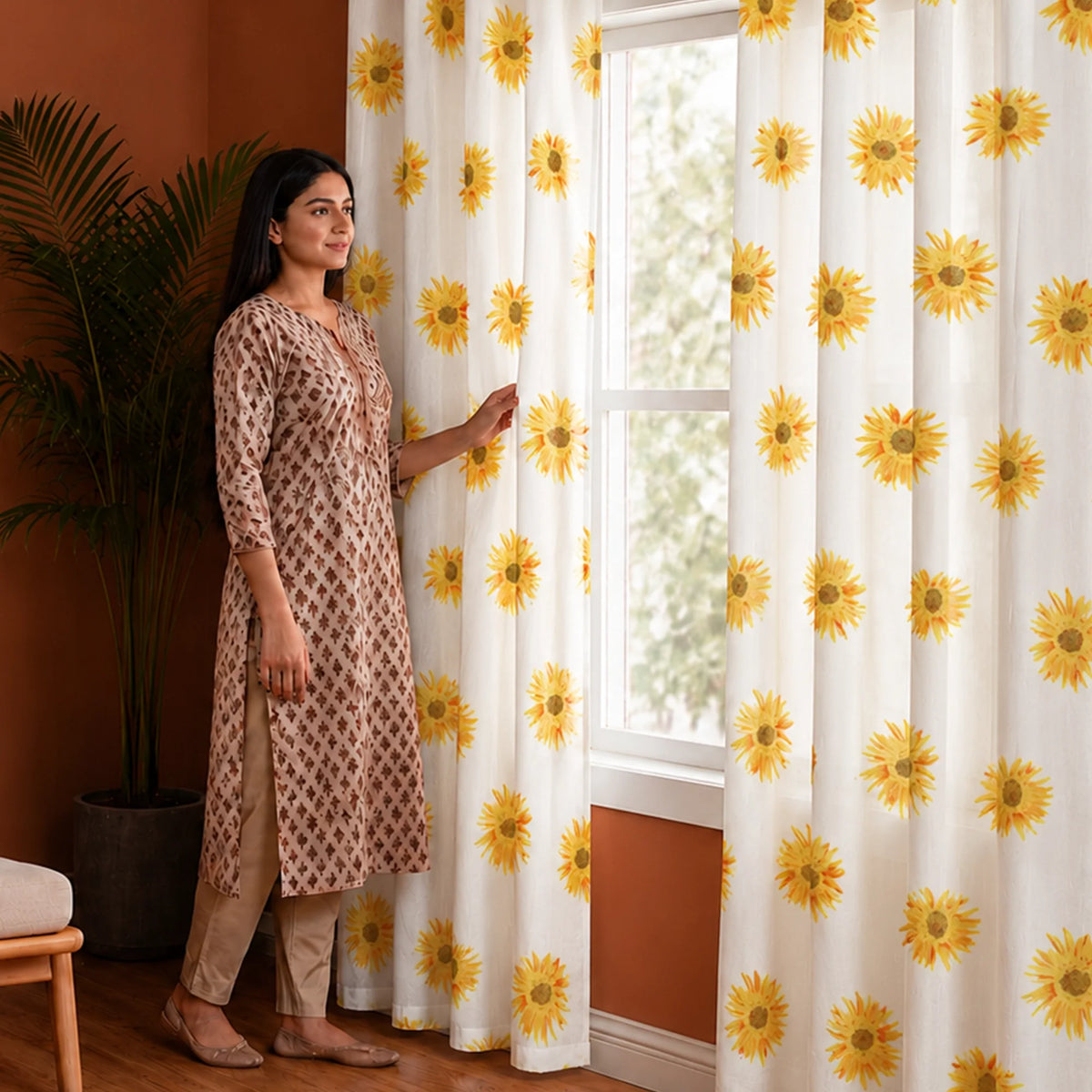 Yellow Sunflower Printed Eyelet Duck Curtain-5