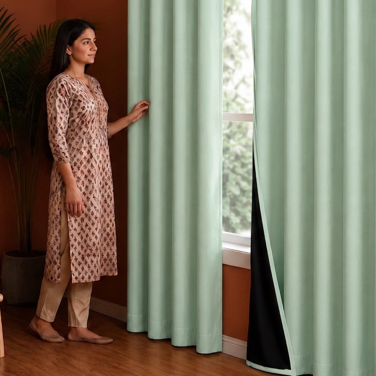 Fort Essential - Black Backing Blackout Curtain (Sage Green)-5