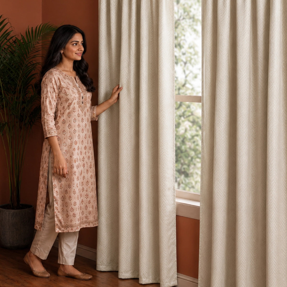 Fort Essential Embossed - Rod Pocket Black Backing Blackout Curtain (Off White)-5