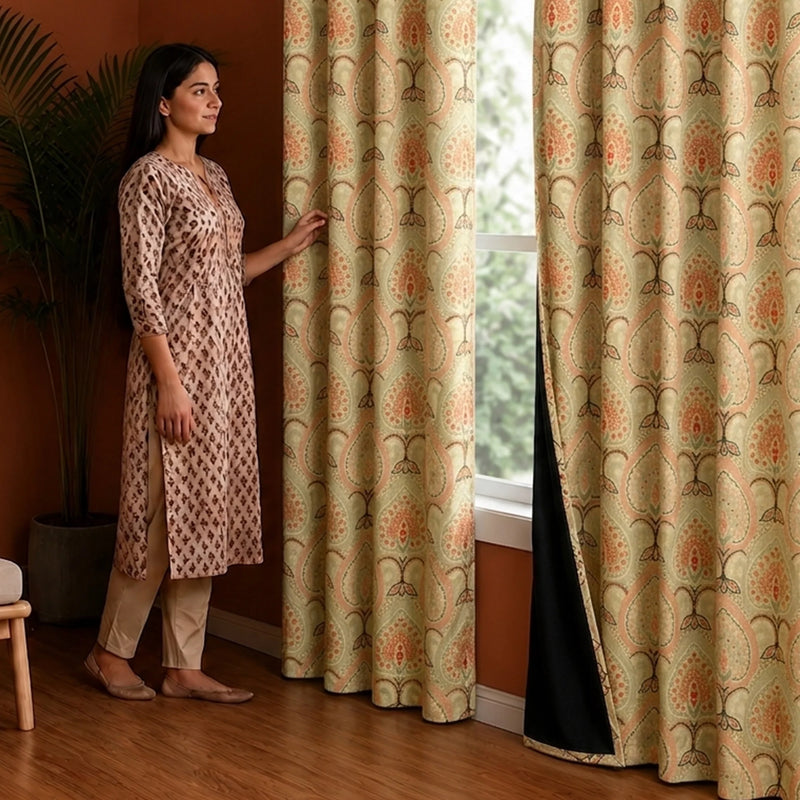 Imprimer Floral - Rod Pocket DP Blackout Curtain (Green & Pink)-5