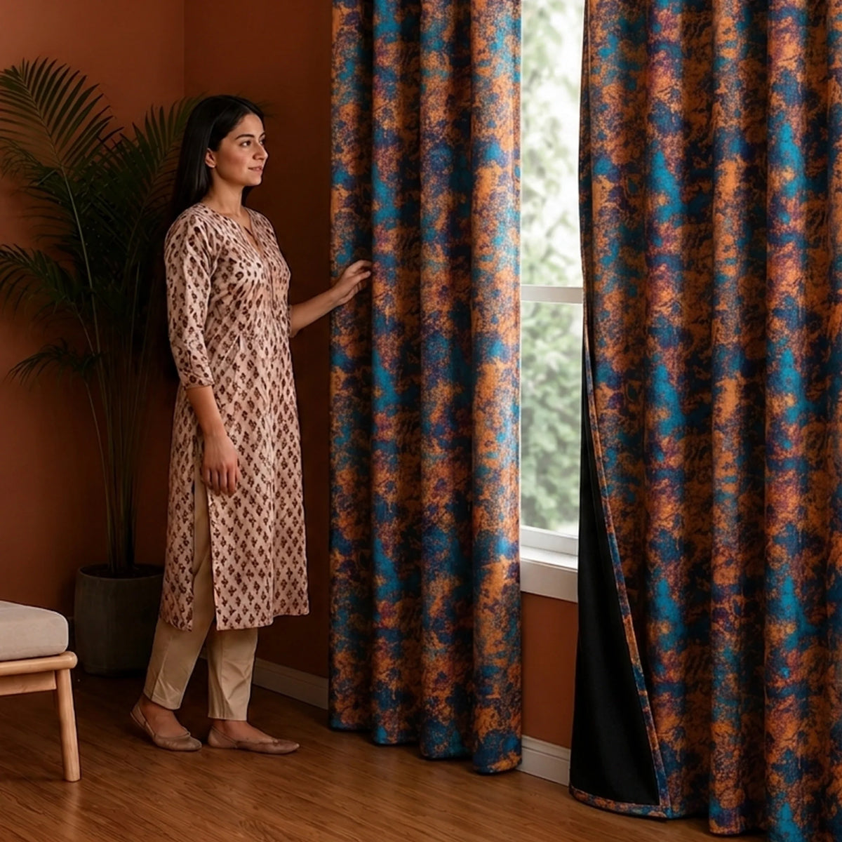 Imprimer Abstract - Rod Pocket DP Blackout Curtain (Turquoise & Mustard)-5