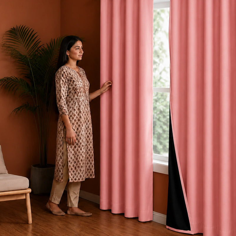 Fort Essential - Black Backing Solid Blackout Curtain (Peach)-5
