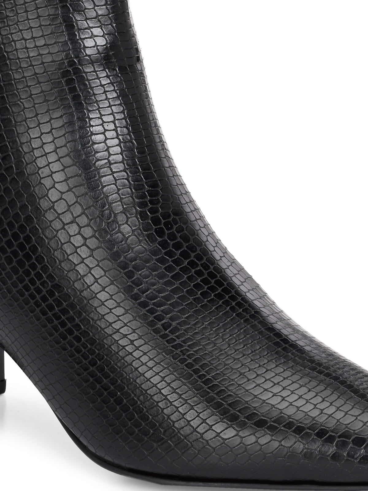 Black textured ankle boots with a sleek snakeskin pattern and a block heel design