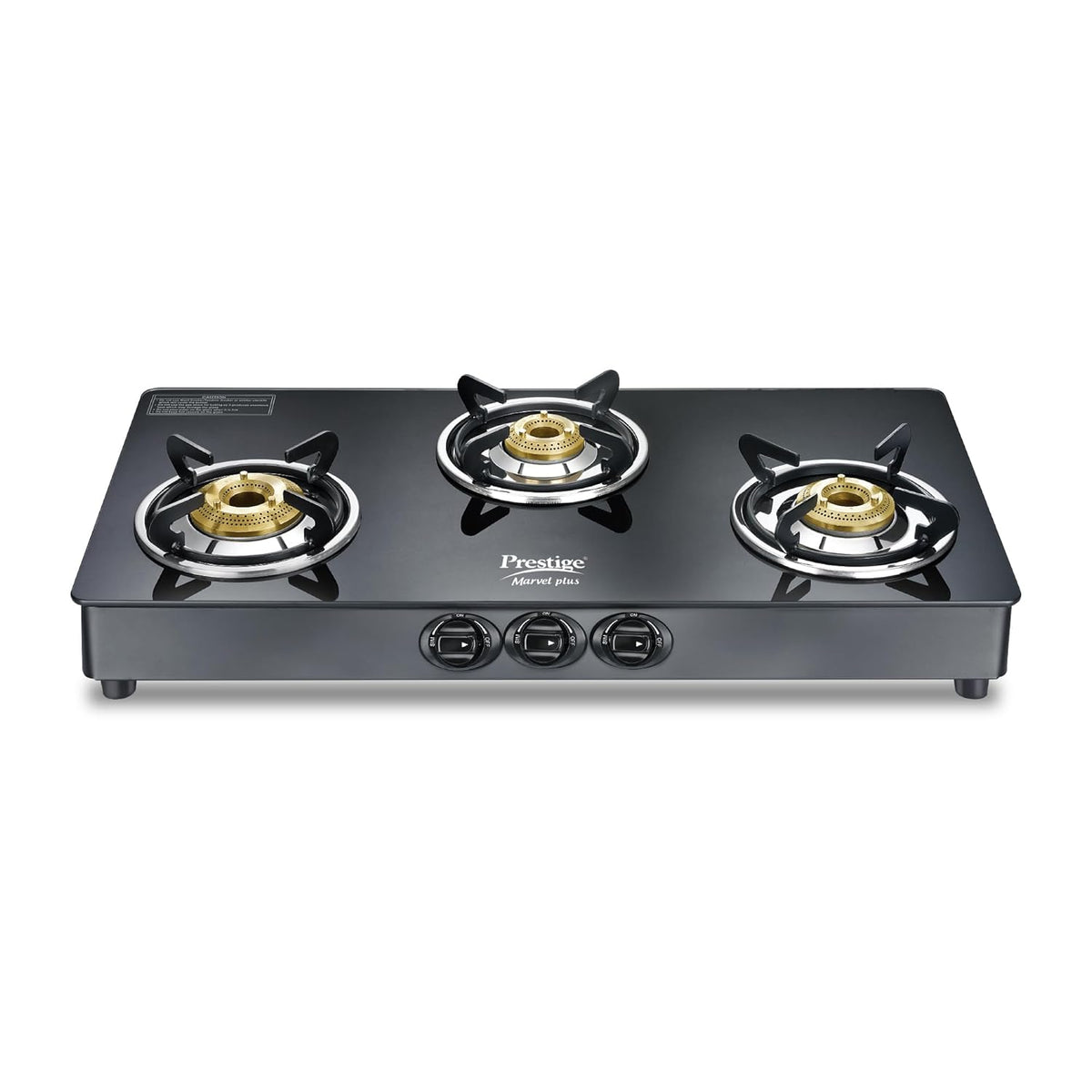 Prestige Marvel Plus 3 Burner Gas Stove (GTM-03L-Black) | Toughened Glass Top | Tri-Pin Brass Burners | Spill-Proof Desi