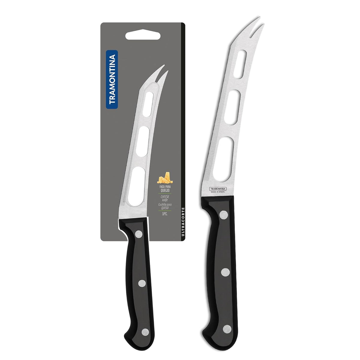 Tramontina Ultracorte Cheese Knife | 15 cm Stainless Steel Blade | Non-Stick 3-Hole Design | Antimicrobial Polypropylene