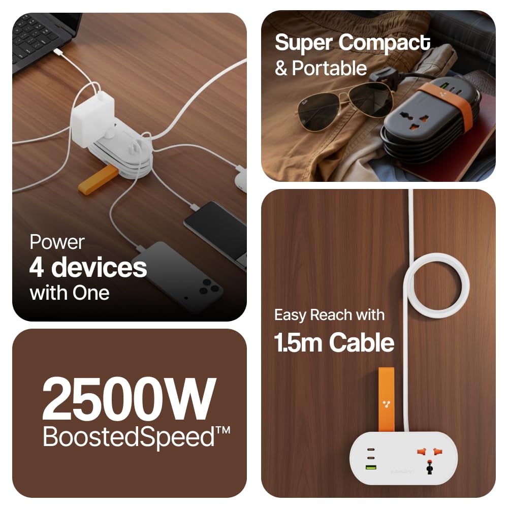 Ambrane Foldable Extension Board, 2 Type C & USB, Perfect for Office, Kitchen, Travels, Charge 4 Devices, Compact Size, AC Socket 2500W, 20W Fast Type C Charging, 1.5m Long Cable (Smartstrip 3 Black)
