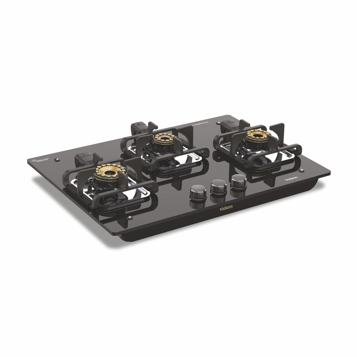 Vidiem Vogue V1-3 Burner Gas Cooktop/Hob - World's First Fully Removable Burner Assembly, Toughened Glass, Hexa Flame Br