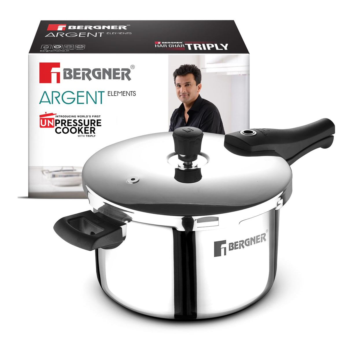 Bergner Argent Elements Triply Stainless Steel | 3.5 L | Outer Lid Pressure Cooker