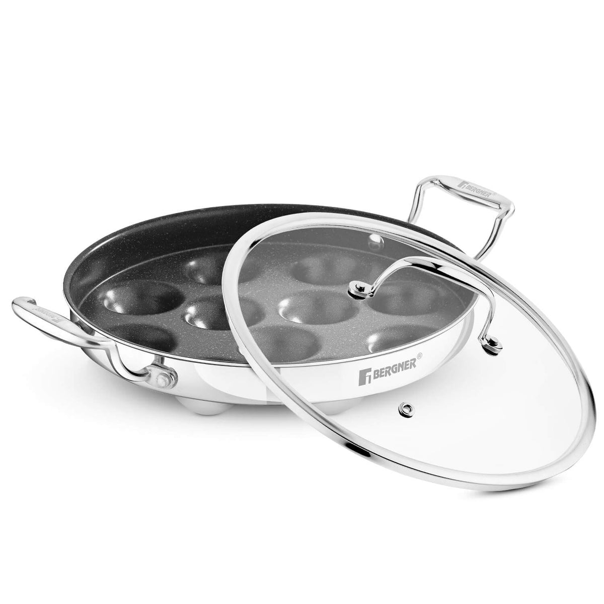 Bergner Argent Samsara Triply Stainless Steel Paniyarakkal 25cm (11 Pits) – Non-Stick, Induction Compatible