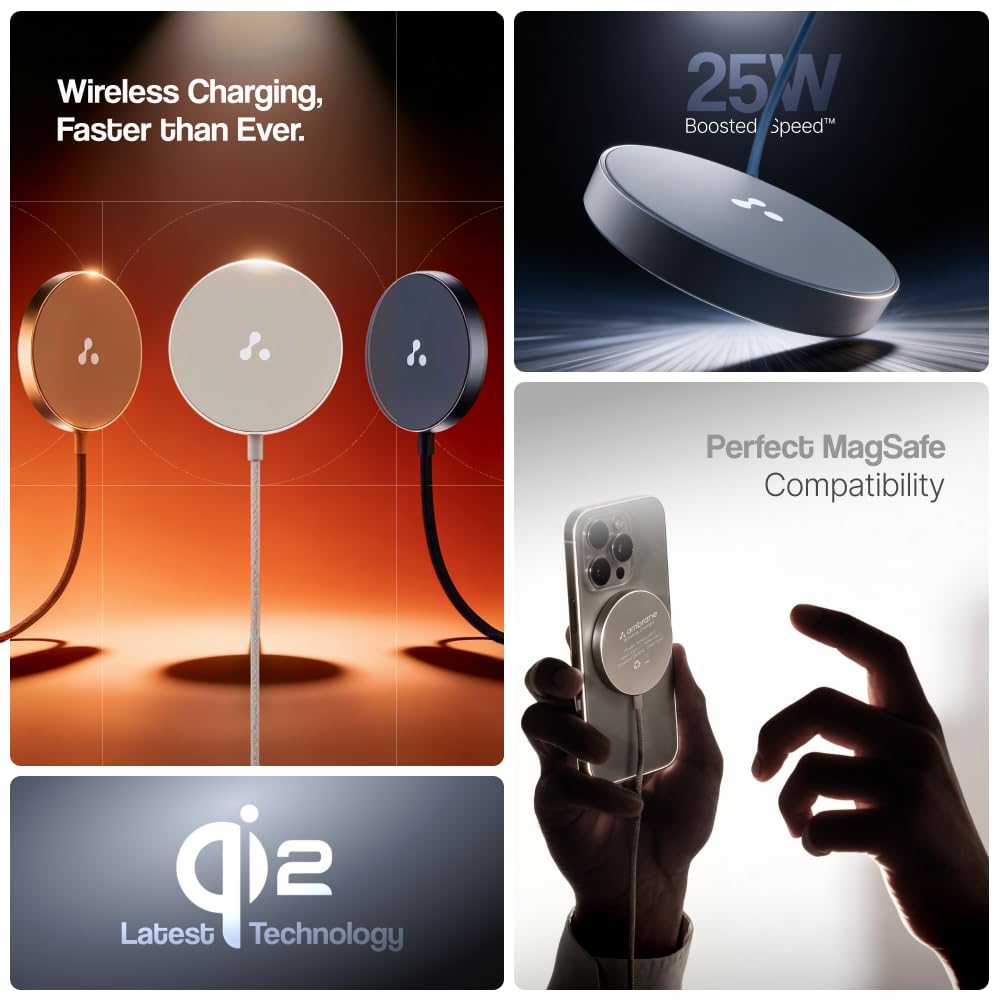 Ambrane 25W Qi2.2 Magsafe Wireless Charger, Fastest Wireless Charging - Charge 50% in 30mins, New Qi2.2 Certified Technology, iPhone 12 to 17 All Models & Android Wireless devices, AerosynQ 2,Titanium