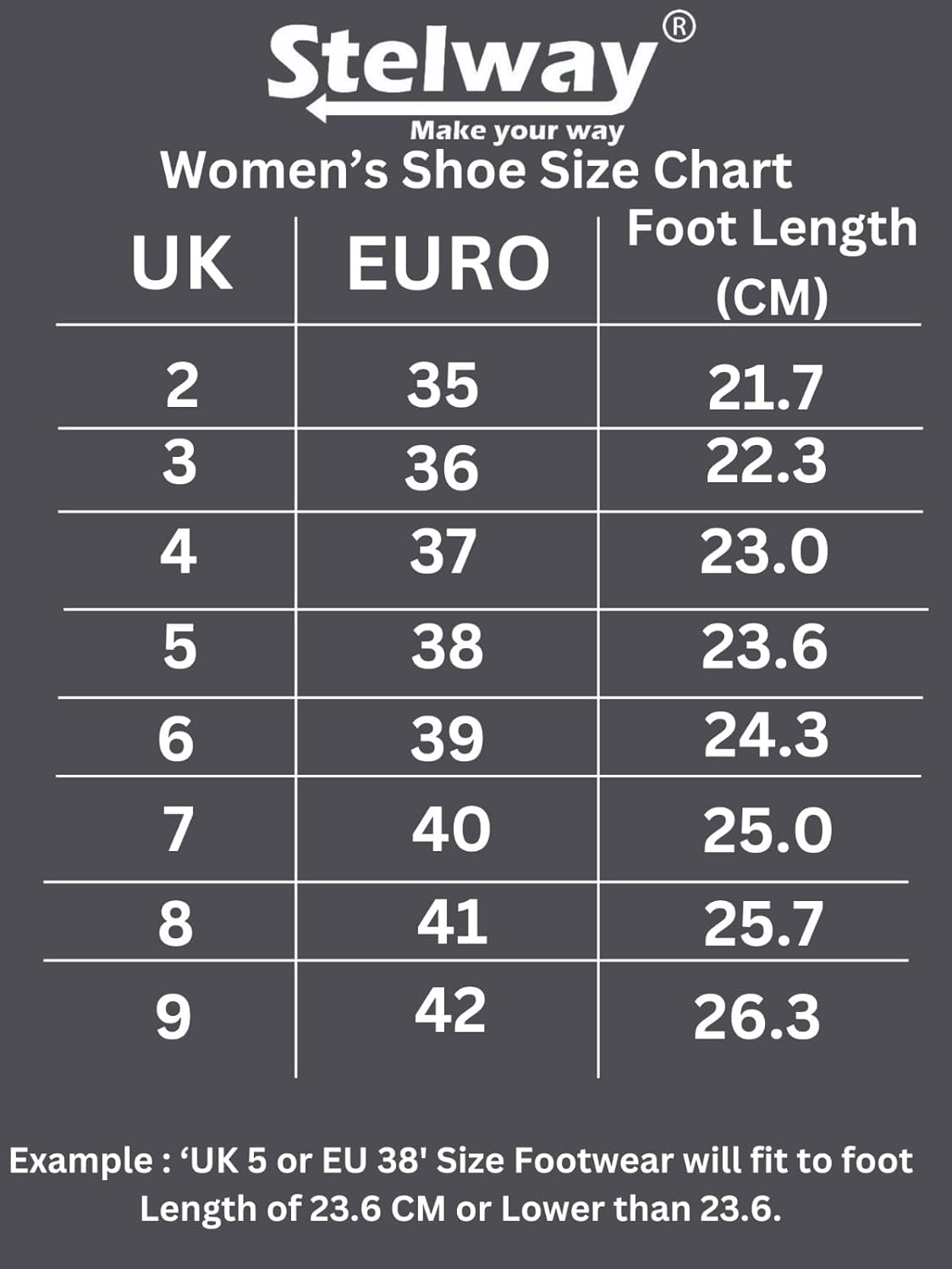 Stelway Women's Shoe size chart in UK, EU, Foot length in CM