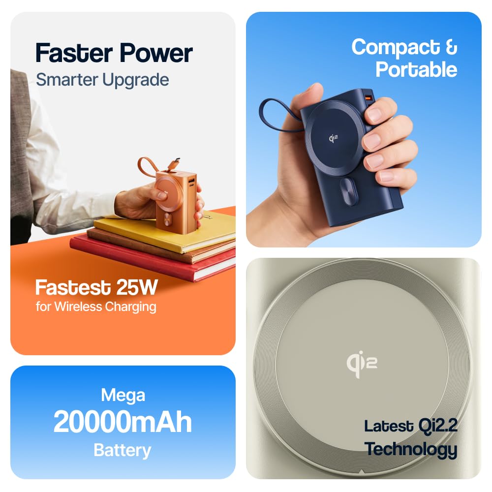 Ambrane 25W Qi2.2 Magsafe Wireless 20000mAh Powerbank, 35W Wired Charging, Fastest Qi2.2 Technology - Now Charge 40% in 30 mins wirelessly, Support MacBook Air Charging for iPhone (Orbit 20K, Orange)