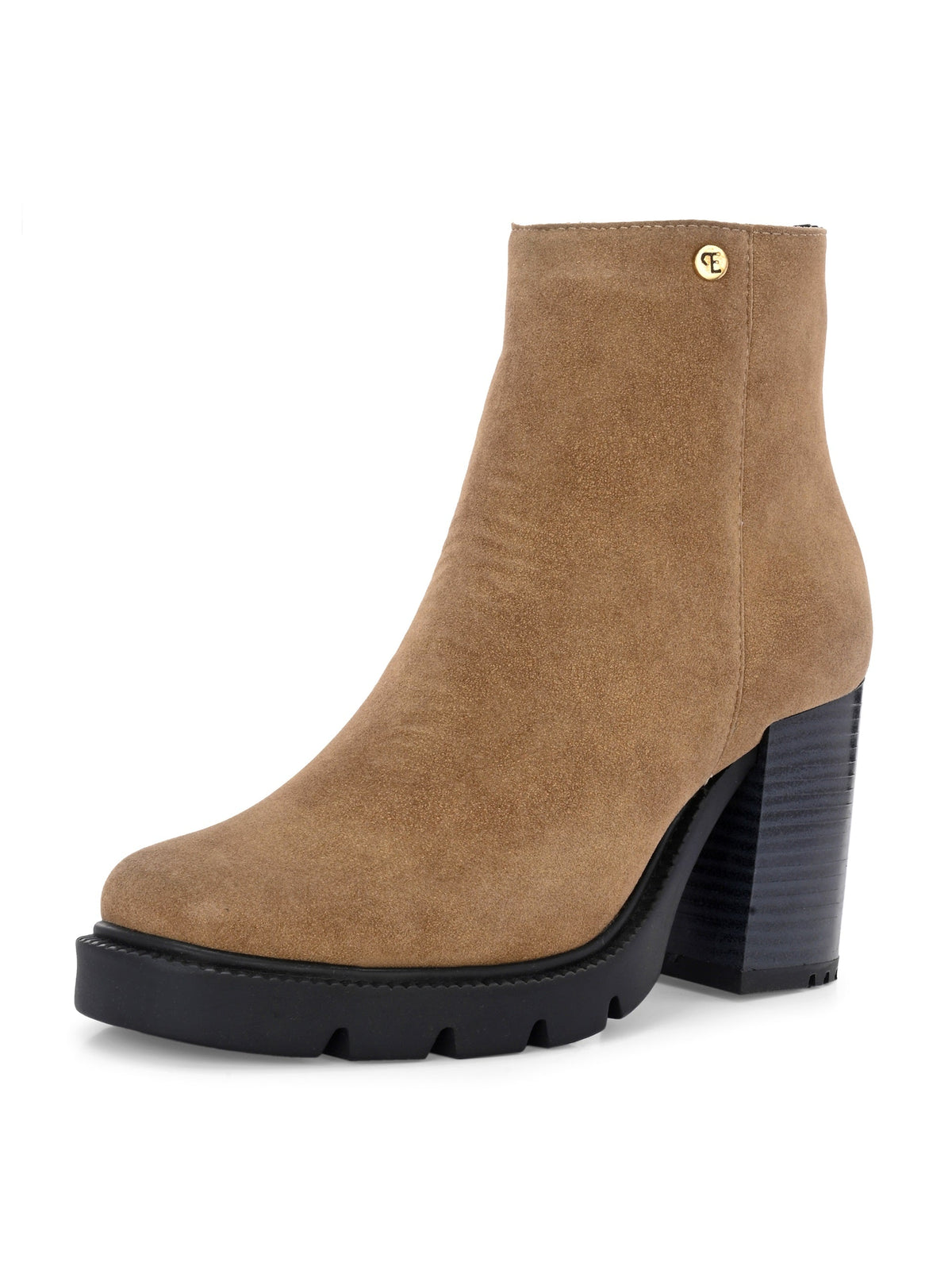 Glossy black patent leather ankle boot with a chunky block heel, lug sole, and a gold logo detail near the collar.