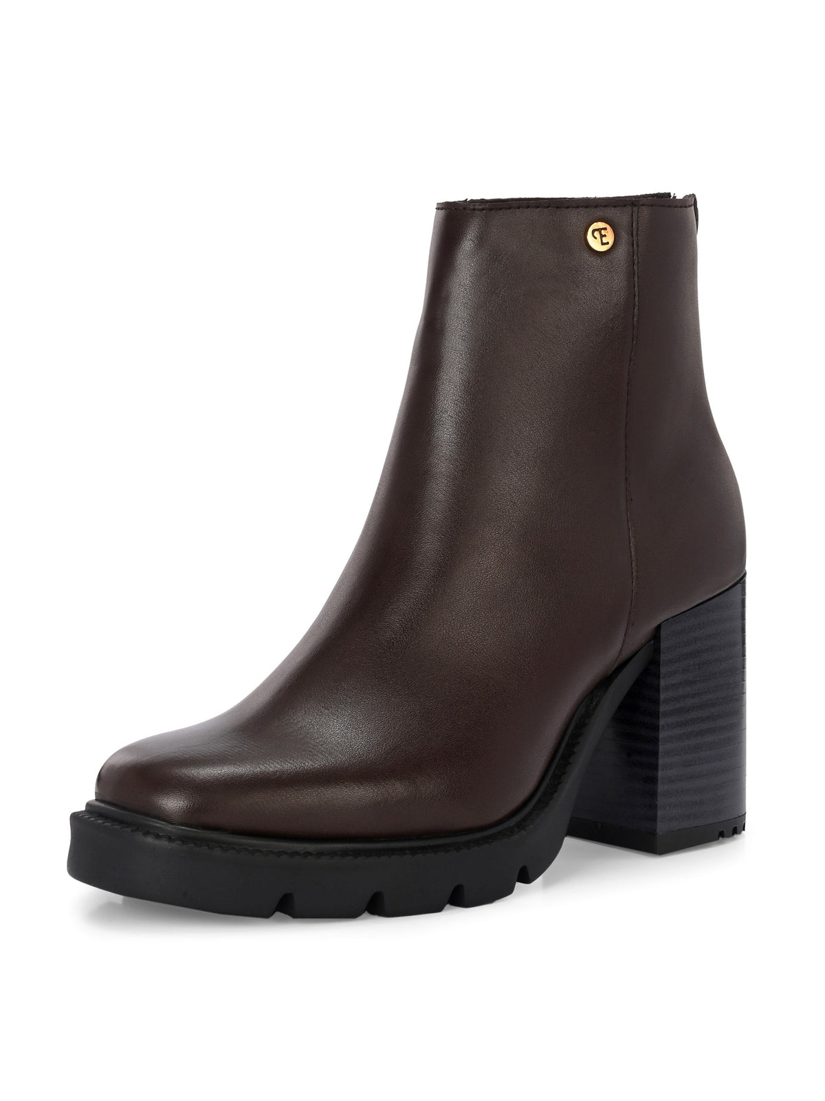 Glossy brown patent leather ankle boot with a chunky block heel, lug sole, and a gold logo detail near the collar.