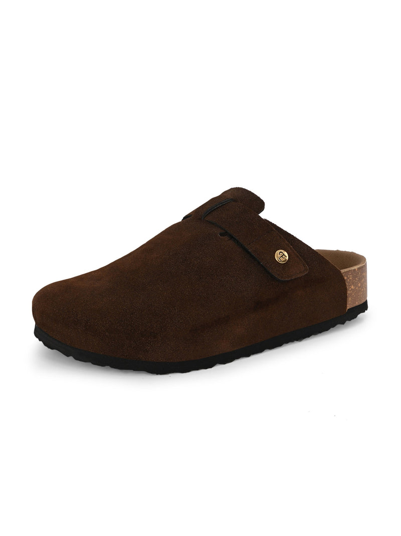 Brown suede slip-on clog with a black rubber sole and adjustable strap.